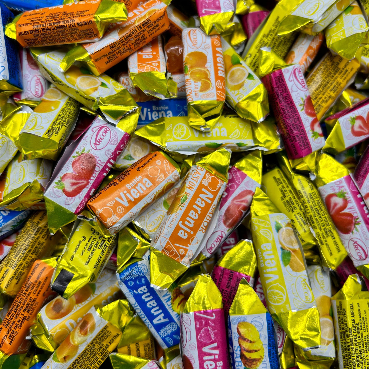 Assorted Arcor Vienna Fruit Filled hard candies in a bulk value bag, showcasing colorful fruit-filled candy pieces from Candy In Bulk.