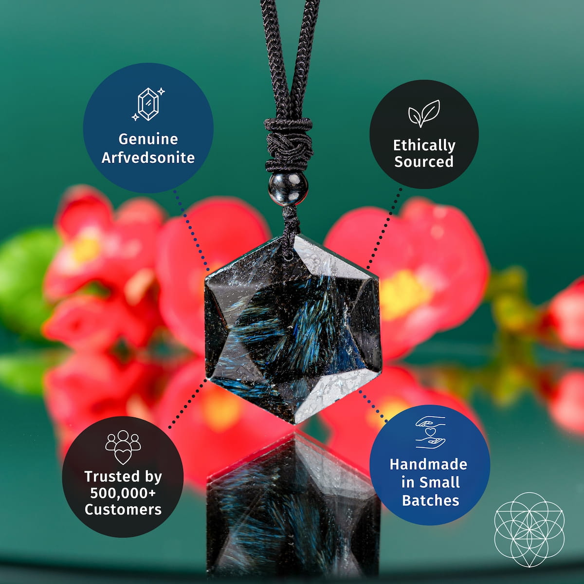 Deep healing Arfvedsonite pendant necklace by Conscious Items featuring a polished black gemstone on a silver chain.
