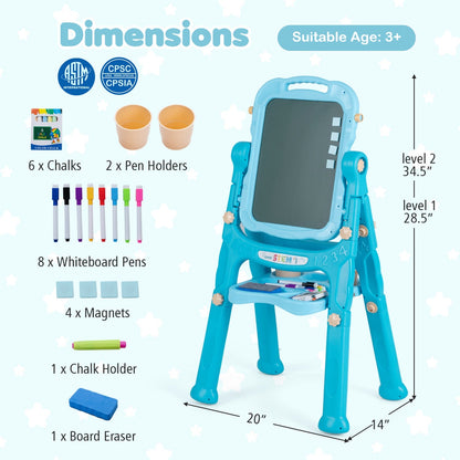Kids art easel with adjustable height and 22 accessories, featuring colorful chalkboard and paper holder for creative painting and drawing.