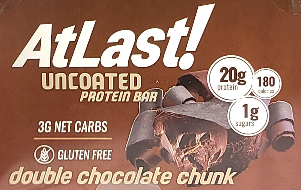 AmBari Nutrition At Last! Double Chocolate Chunk protein bars showing chocolate chunks and packaging on a white background.