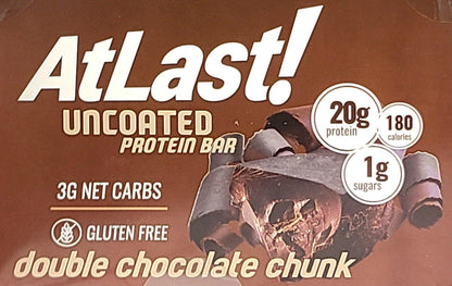 AmBari Nutrition At Last! Double Chocolate Chunk protein bars showing chocolate chunks and packaging on a white background.