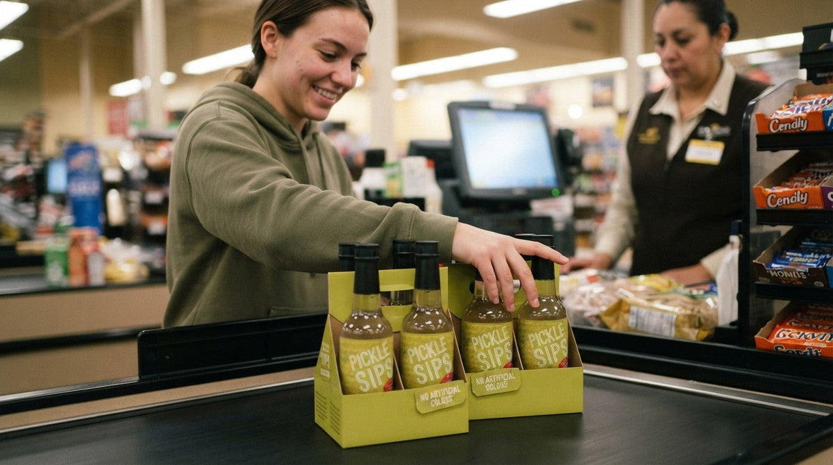 Cinderosa Ranch Pickle Sips Dill flavor in a 10 fl oz bottle, displayed in a casual lifestyle setting.
