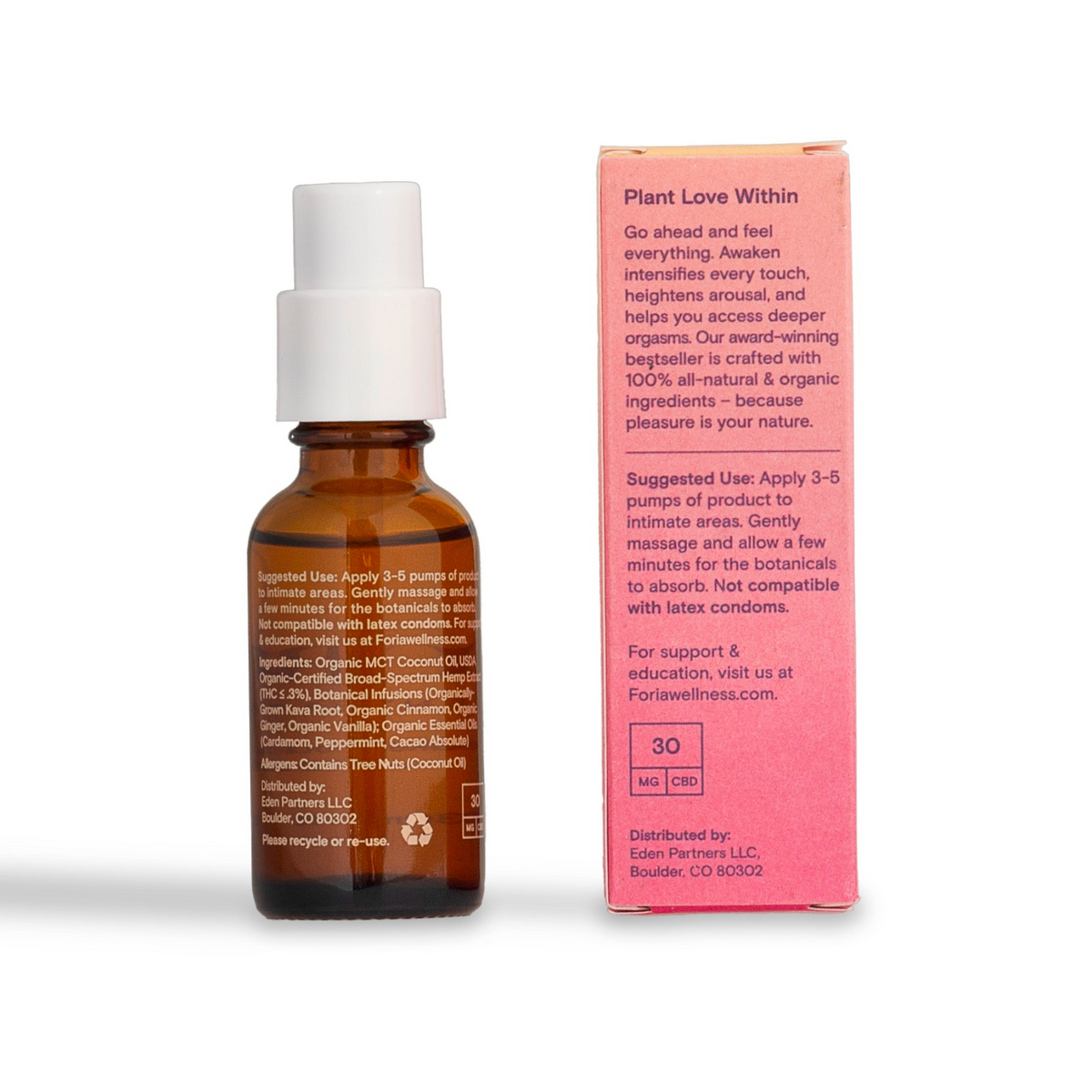 Foria Awaken Arousal Oil with CBD bottle and applicator, close-up of the product label and packaging.