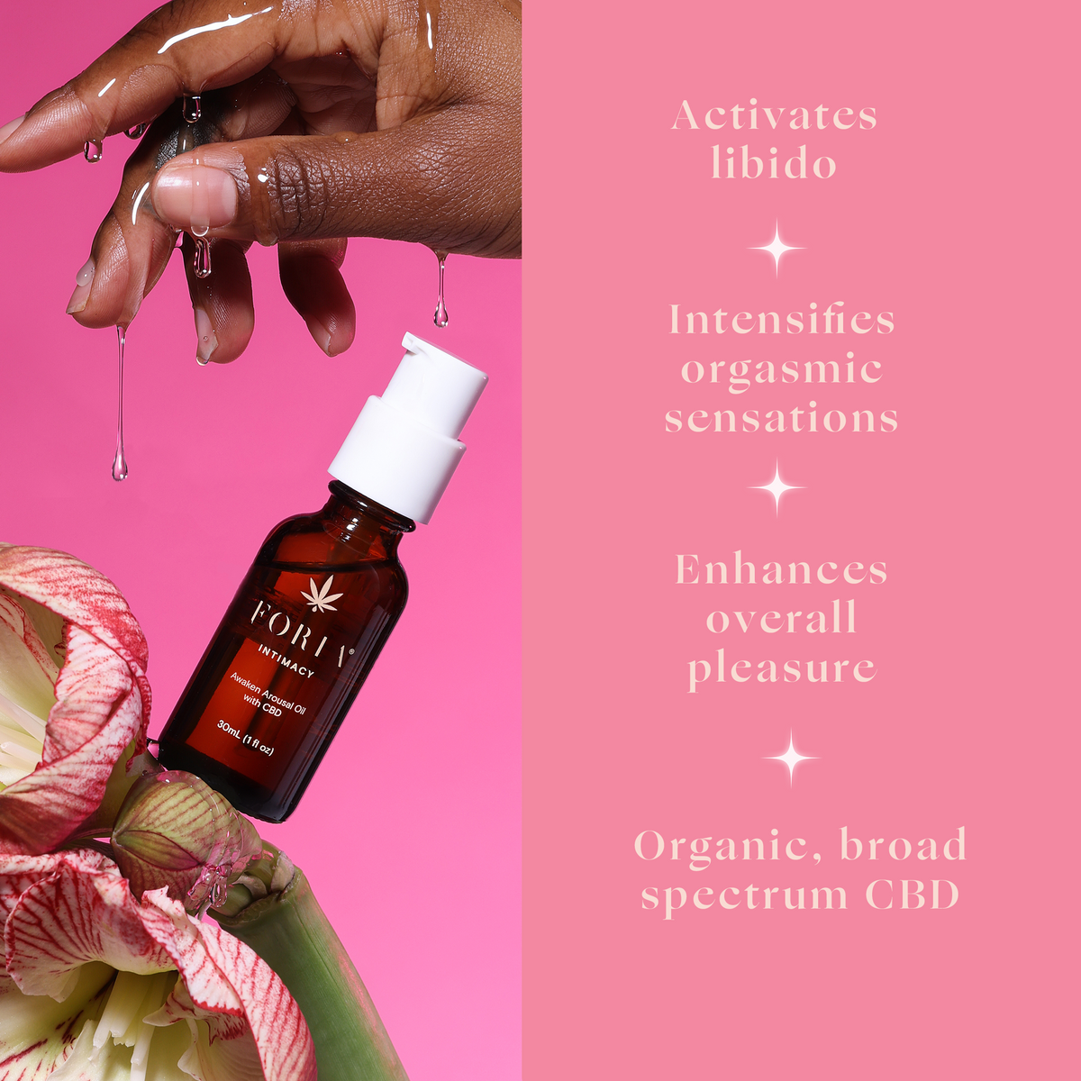 Foria Awaken Arousal Oil with CBD bottle showing key benefits, highlighting natural ingredients for enhanced intimacy and arousal.