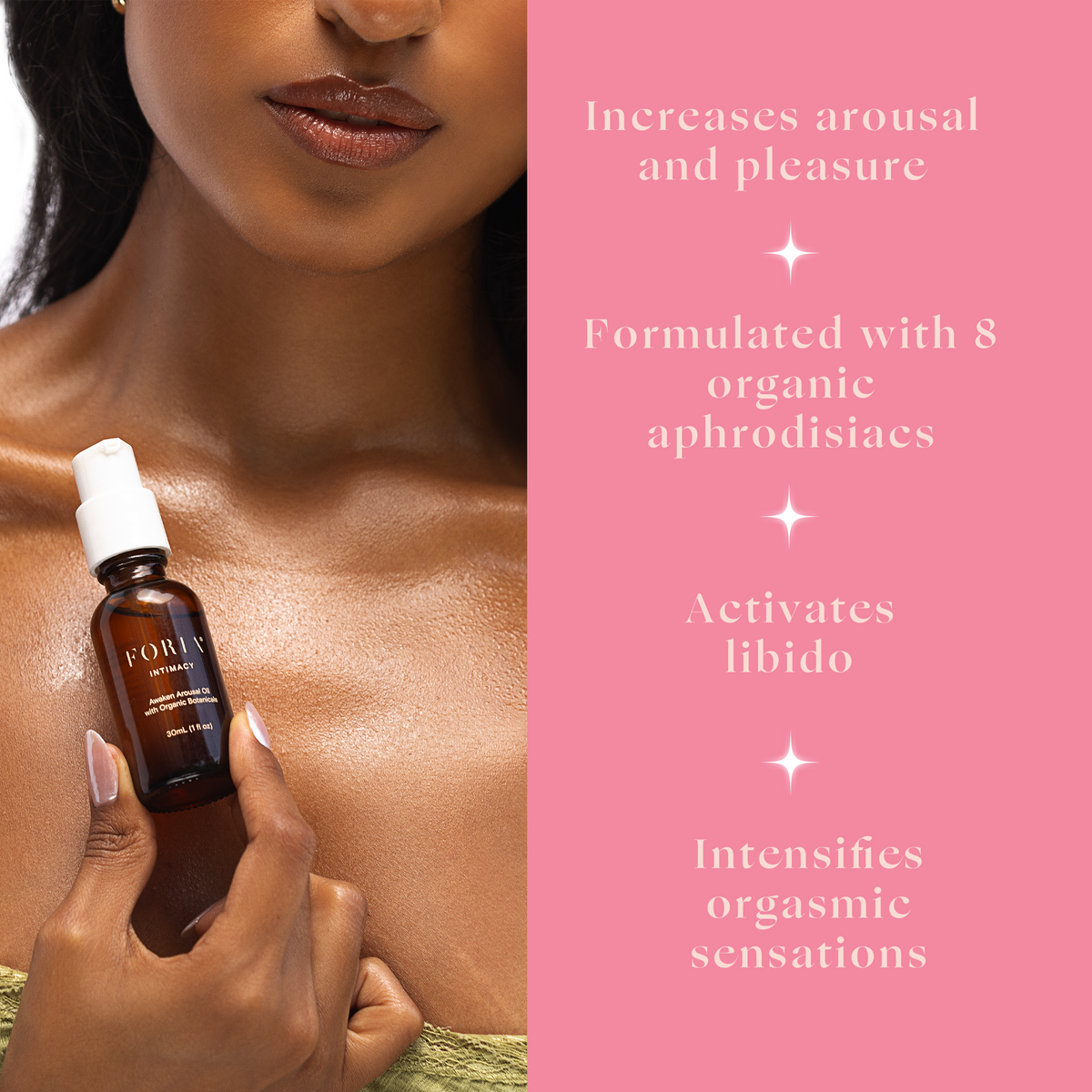 Foria Awaken Arousal Oil bottle with organic botanicals, showcasing the product label and botanical ingredients.