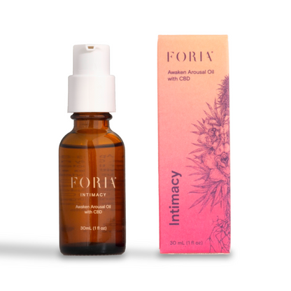 Foria Awaken Arousal Oil with CBD in 30ml bottle, showing the front label and packaging.