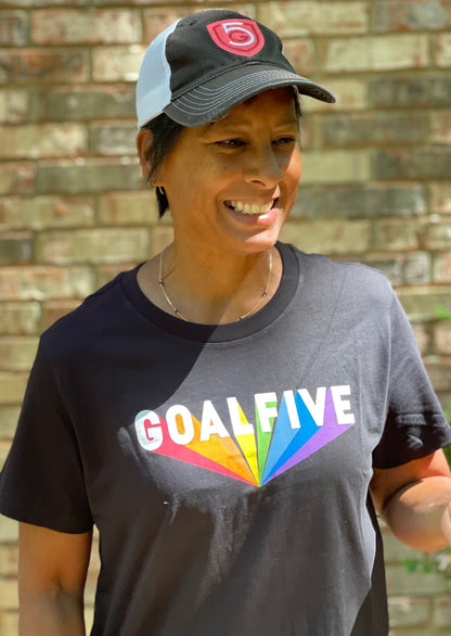 Goal Five Superhuman black cotton T-shirt, lifestyle image showing front view with casual fit and soft fabric.