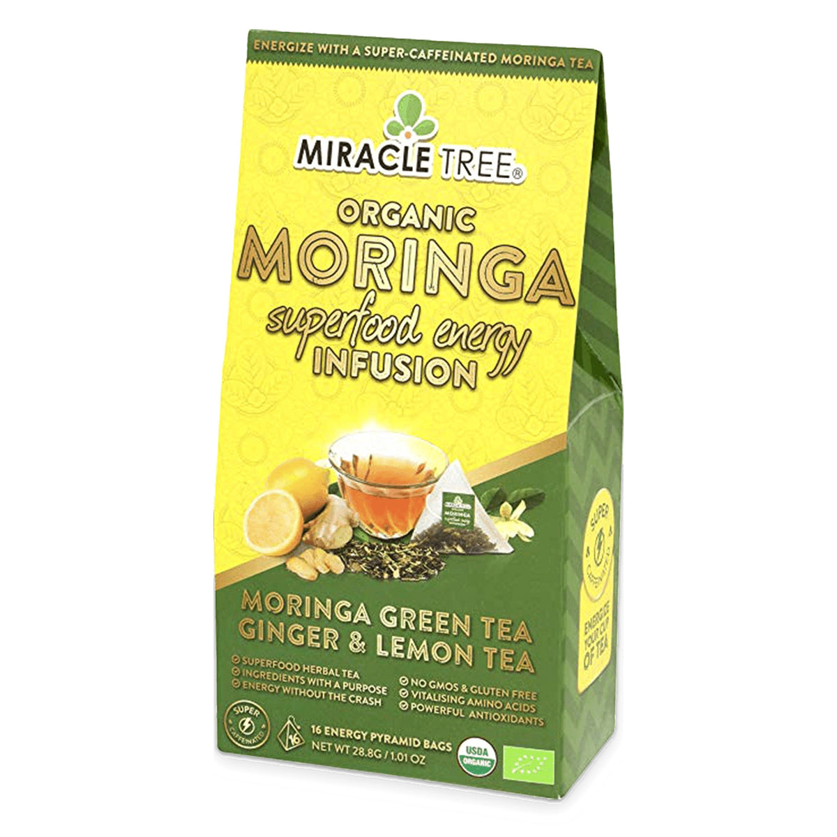 Organic Moringa Energy Tea by Miracle Tree, ginger lemon flavor, brewed in a glass cup with fresh ginger and lemon slices.