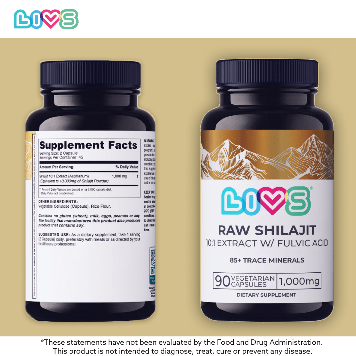 LIVS Raw Shilajit capsules in a clear bottle with black and white label, showing dark brown capsules inside.