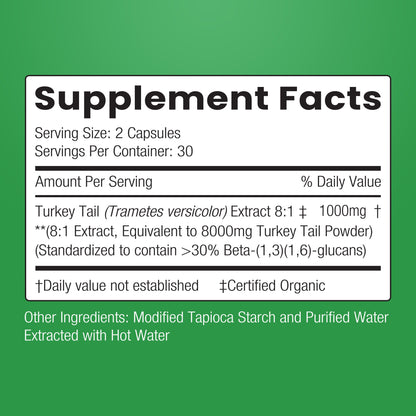 Turkey Tail 8:1 extract capsules by ENCAPSULATE, shown in clear plastic bottle with white label and capsules inside.