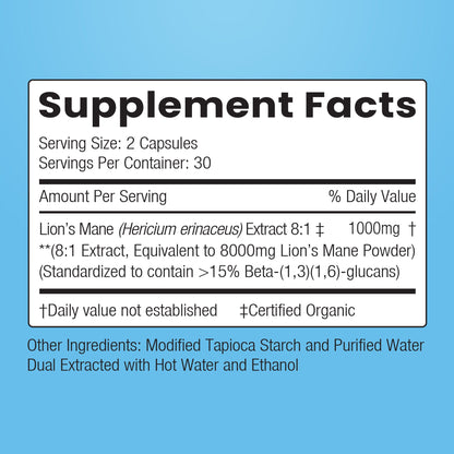 Encapsulate Lion's Mane 8:1 extract capsules in a bottle, featuring white capsules with label branding on the packaging.