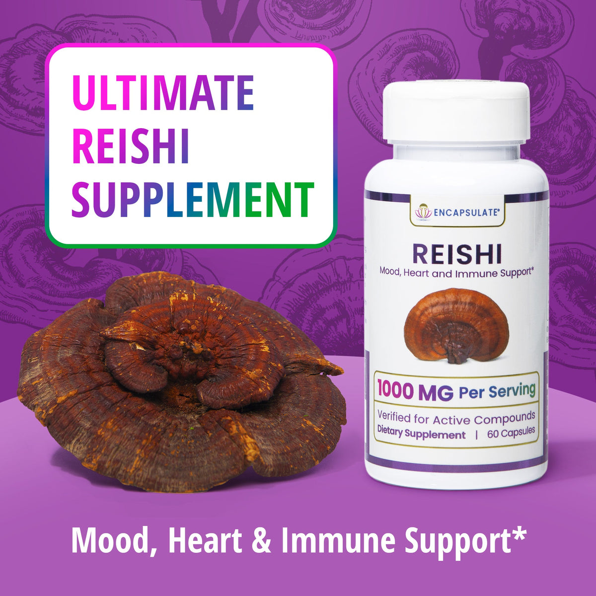 Encapsulate Reishi 1:1 extract capsules in a clear bottle, showcasing natural mushroom supplement for immune support.