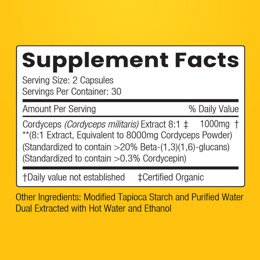 Capsules of ENCAPSULATE Cordyceps 8:1 Extract dietary supplement in clear plastic bottles with label.