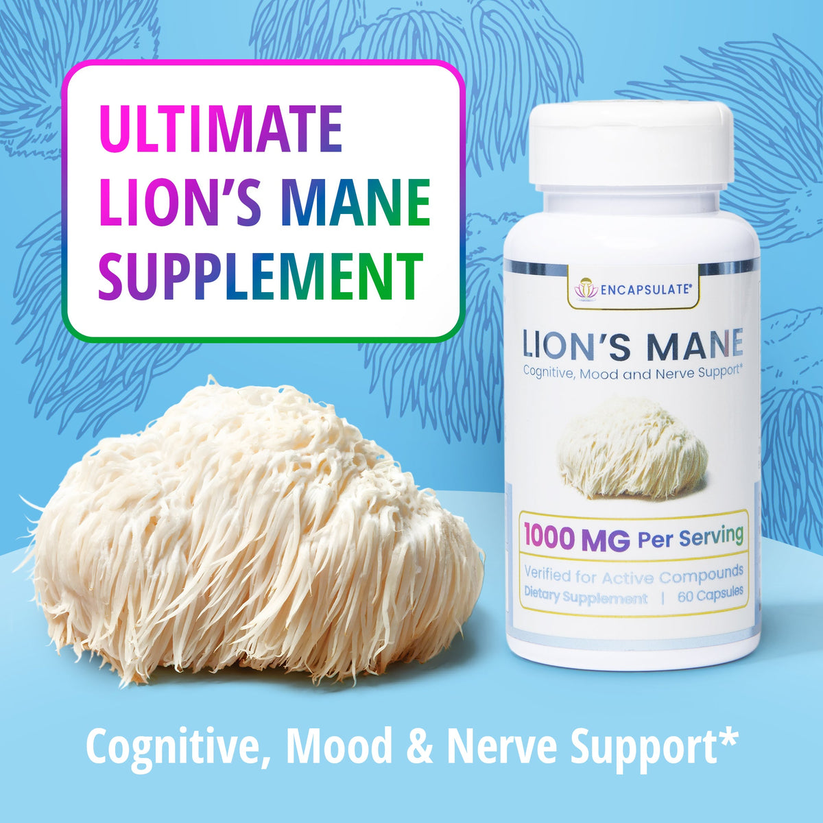 Capsules of ENCAPSULATE Lion's Mane 1:1 Extract supplement, showing the clear gel capsules on a white background.
