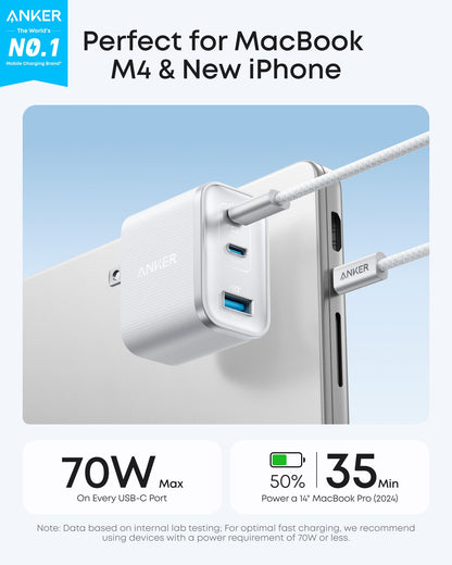 Anker Nano 70W charger with three USB ports for fast charging multiple devices, shown in a sleek, compact design.