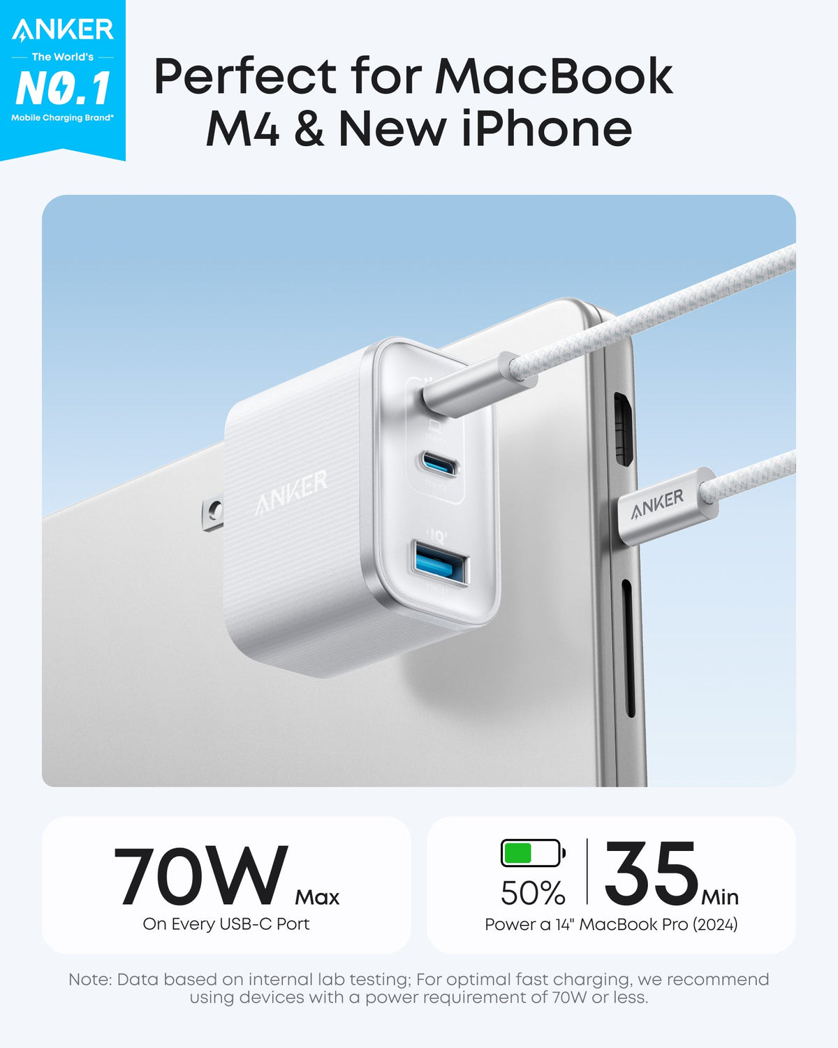 Anker Nano Charger with 70W power and three USB ports, compact black power adapter for fast device charging.