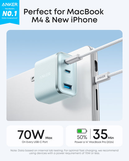 Anker Nano Charger with 70W power and three USB ports, compact white charging adapter for smartphones and devices.