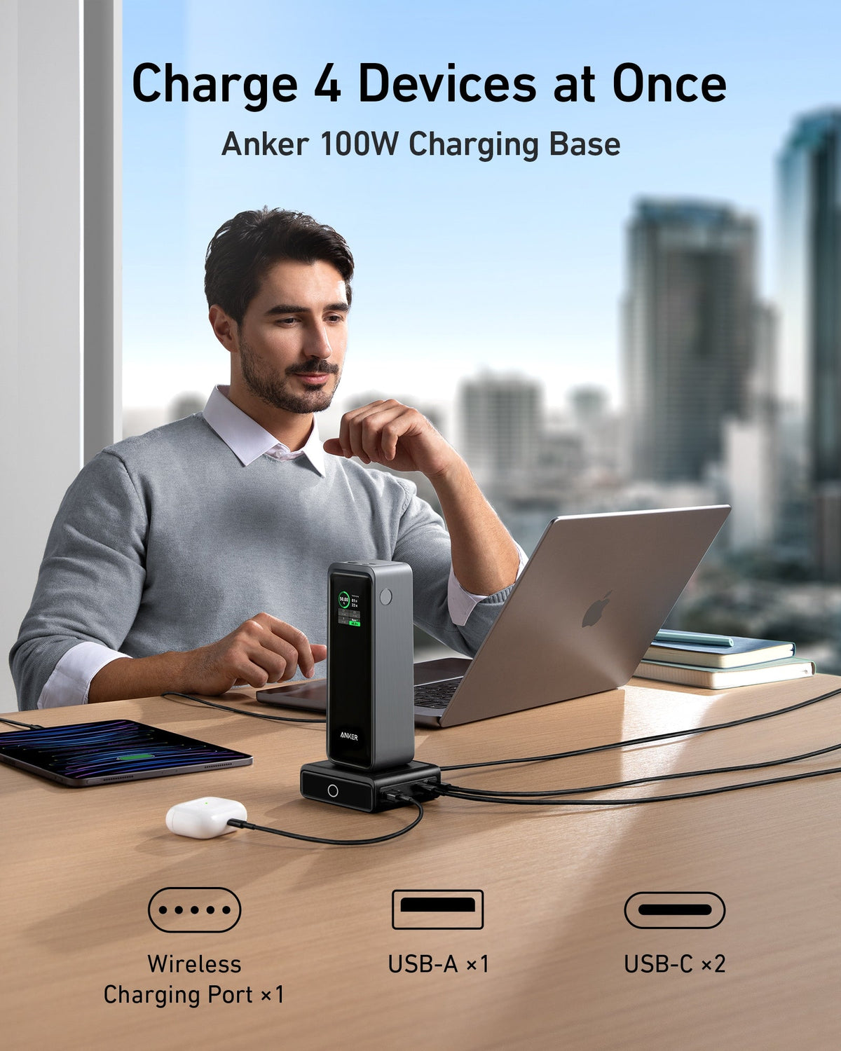 Anker Prime 27,650mAh power bank and 100W charging base, compact portable charging devices on a white background.