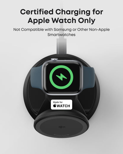 Anker MagGo 3-in-1 wireless charging station with dock stand for iPhone, Apple Watch, and AirPods, black finish, sleek design.