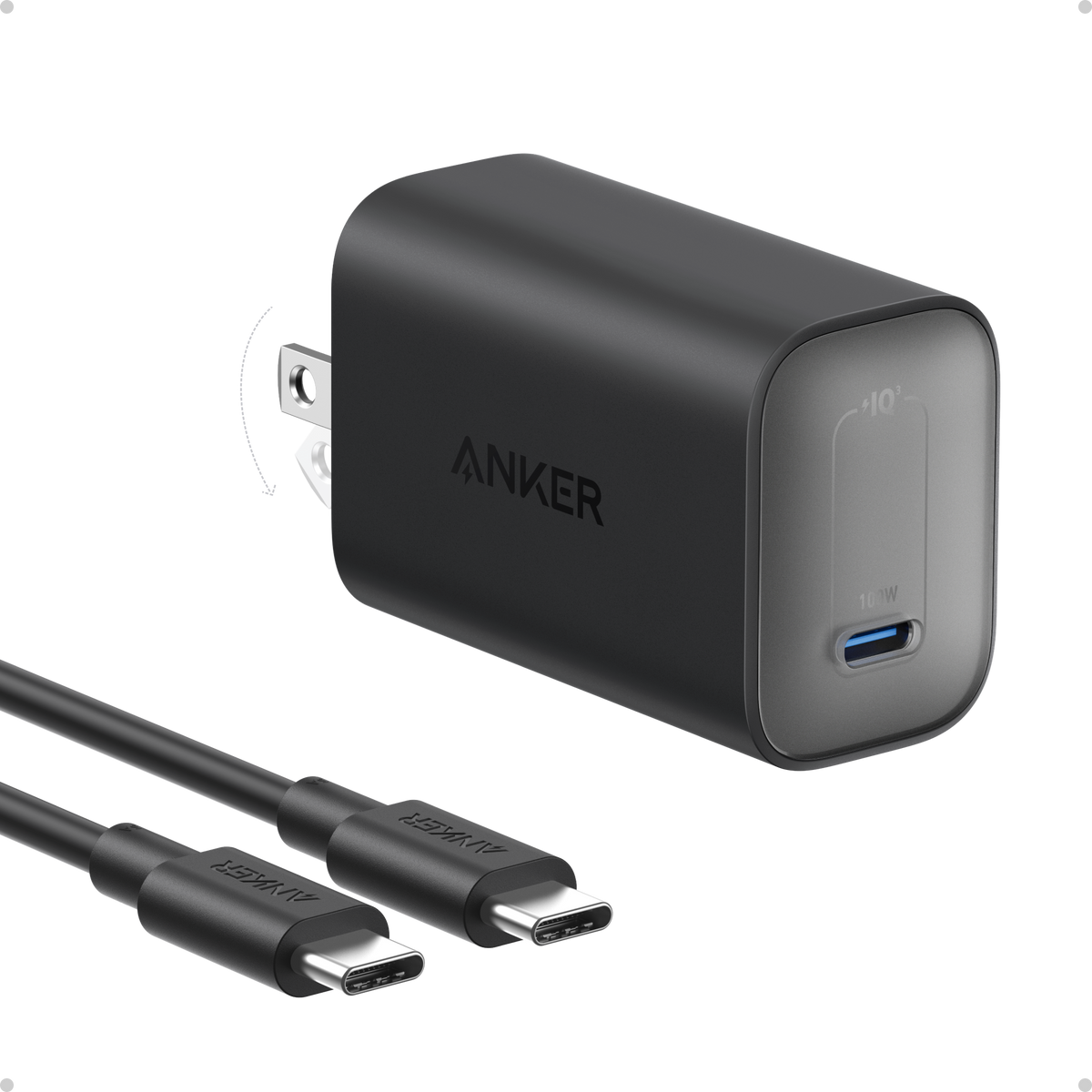 Anker Nano 100W charger with USB-C cable, compact white power adapter and cable for fast charging devices