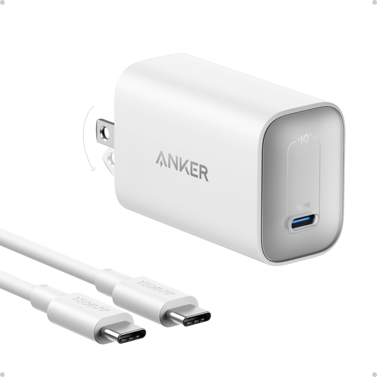 Anker Nano 100W charger with USB-C cable, compact black power adapter and cable for fast charging devices.