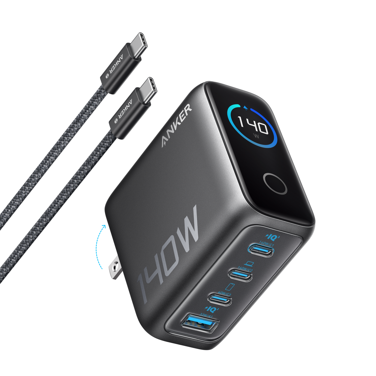 Anker 140W 4-port USB-C charger with PD 3.1 and included USB-C cable, shown with multiple charging ports and sleek design.