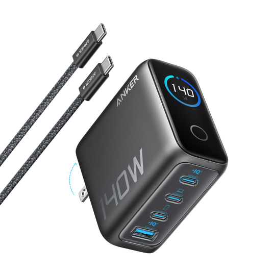 Anker 140W 4-port USB-C charger with PD 3.1 and included USB-C cable, shown with multiple charging ports and sleek design.