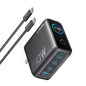 Anker 140W 4-port USB-C charger with PD 3.1 and included USB-C cable, shown with multiple charging ports and sleek design.