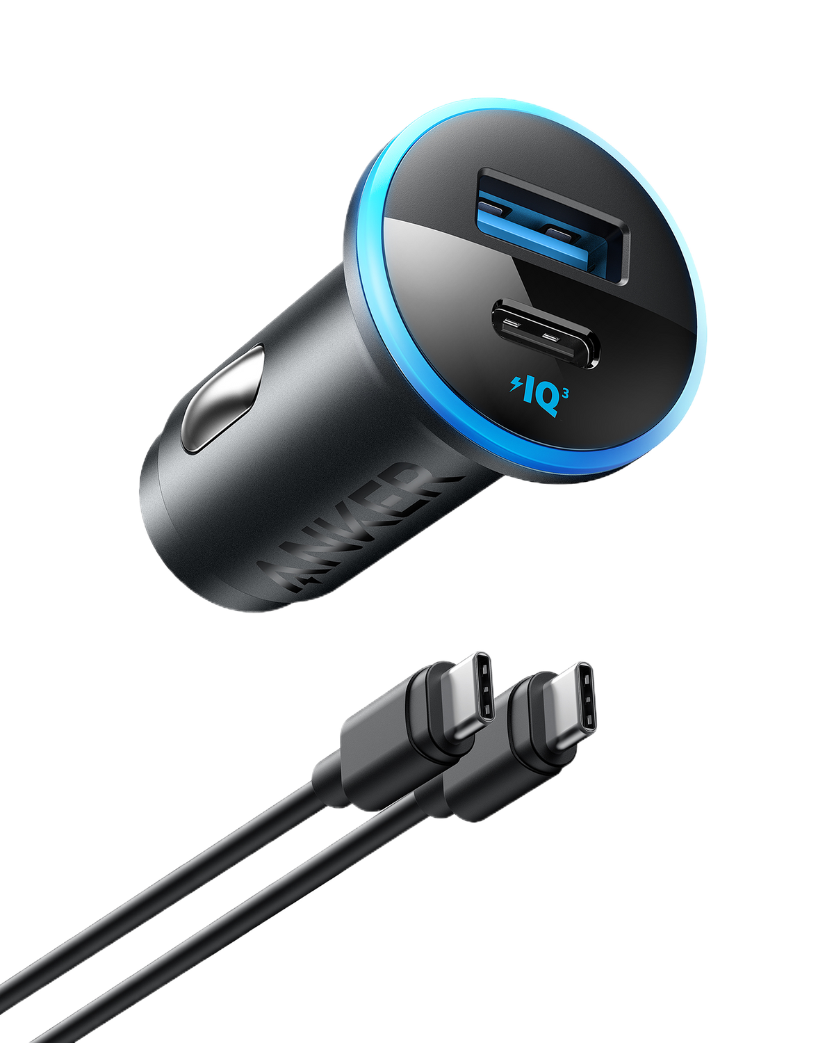 Anker 323 car charger with 52.5W power output connected to a vehicle's cigarette lighter socket.