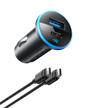Anker 323 car charger with 52.5W power output connected to a vehicle's cigarette lighter socket.