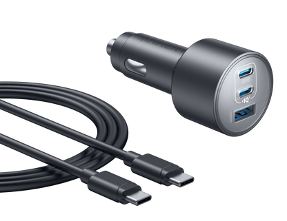 Anker Nano car charger with 3 USB ports and 167.5W power output, compact black design for fast device charging.