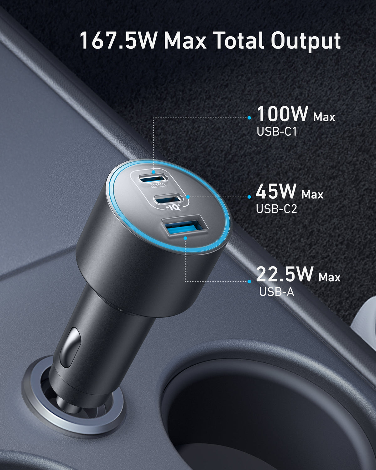 Anker Nano car charger with three USB ports and 167.5W power output, compact design for fast charging in vehicles.