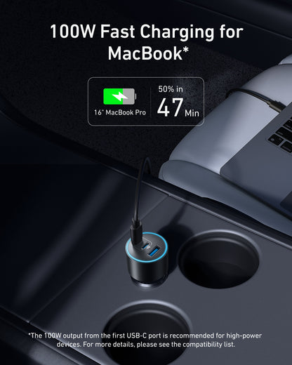Anker Nano car charger with three USB-C ports and 167.5W power output, compact design for fast device charging.