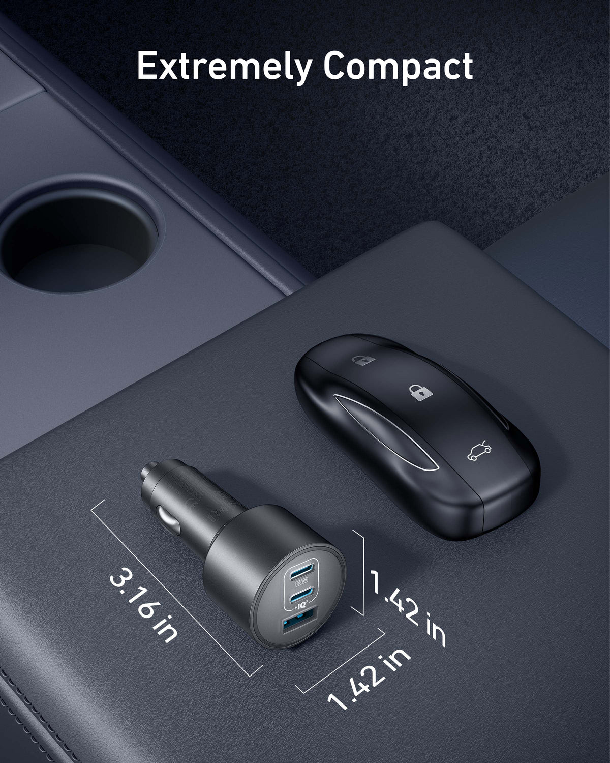 Anker Nano car charger with three USB ports and 167.5W power output, compact design for fast charging in vehicles.