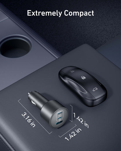 Anker Nano car charger with three USB ports and 167.5W power output, compact design for fast charging in vehicles.