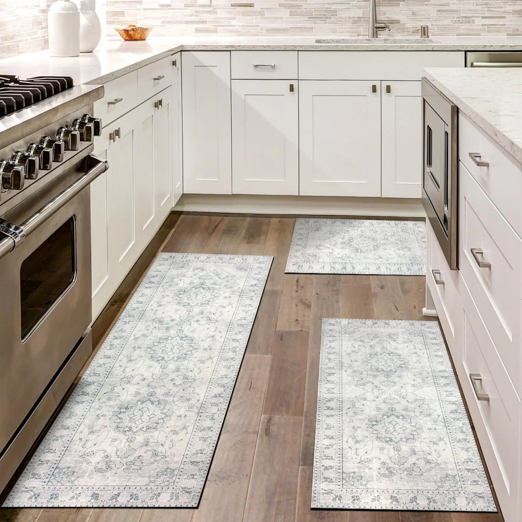WOBUBU Kitchen Rugs Sets of 3 Washable Kitchen Mats for Floor 3 Piece Kitchen Rug Set Non Slip Rubber Kitchen Runner Carpets for Laundry Room Entryway Light Grey