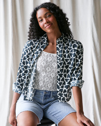 Downeast More Love Top, stylish women's blouse with a flattering fit, featuring soft fabric and a versatile design.