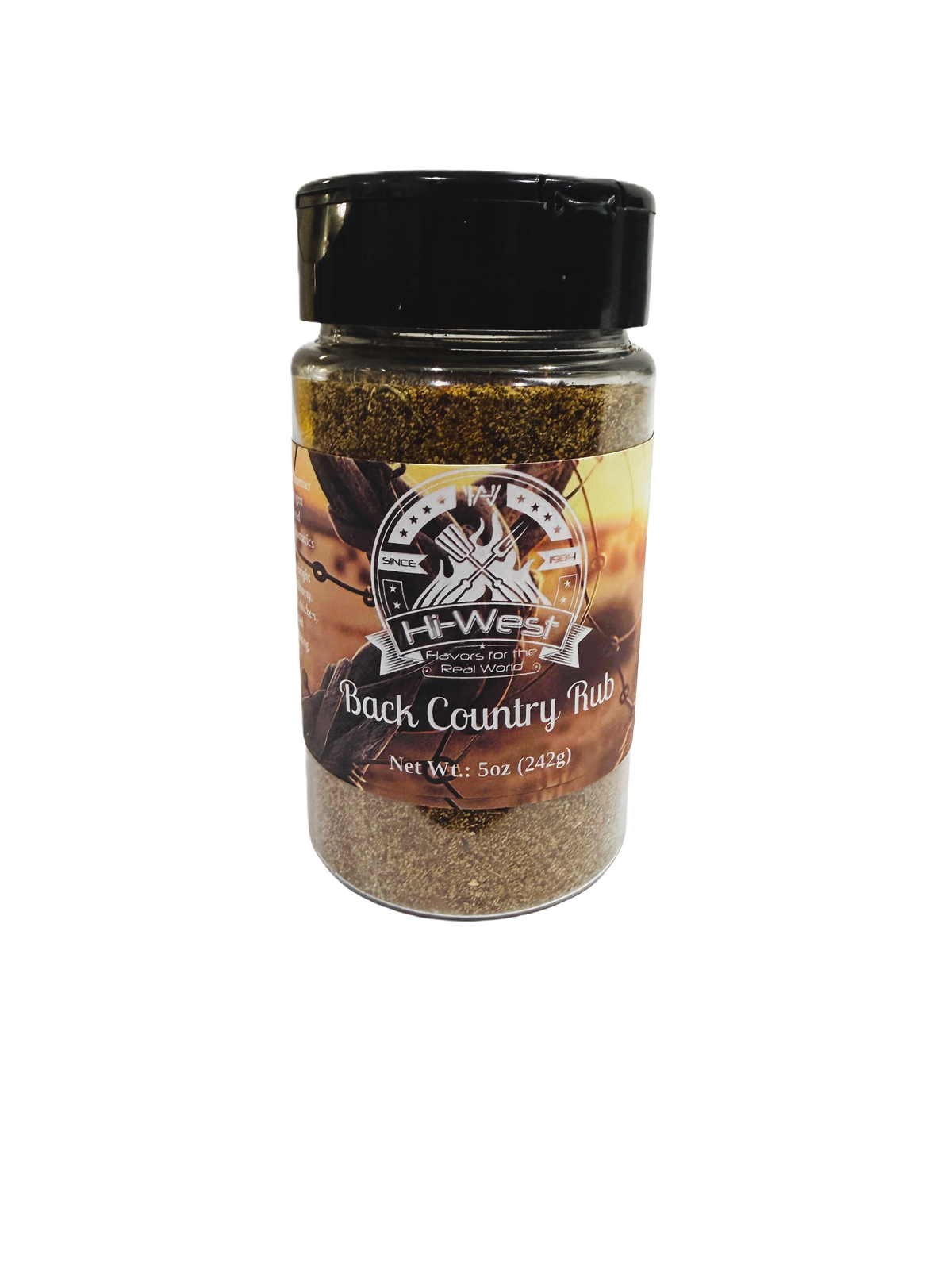 Hi-West Back Country Rub spice blend in a jar, seasoned seasoning and spice mix for grilling and outdoor cooking.