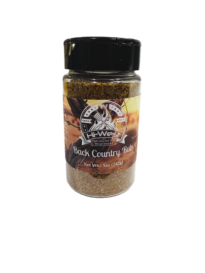 Hi-West Back Country Rub spice blend in a jar, seasoned seasoning and spice mix for grilling and outdoor cooking.