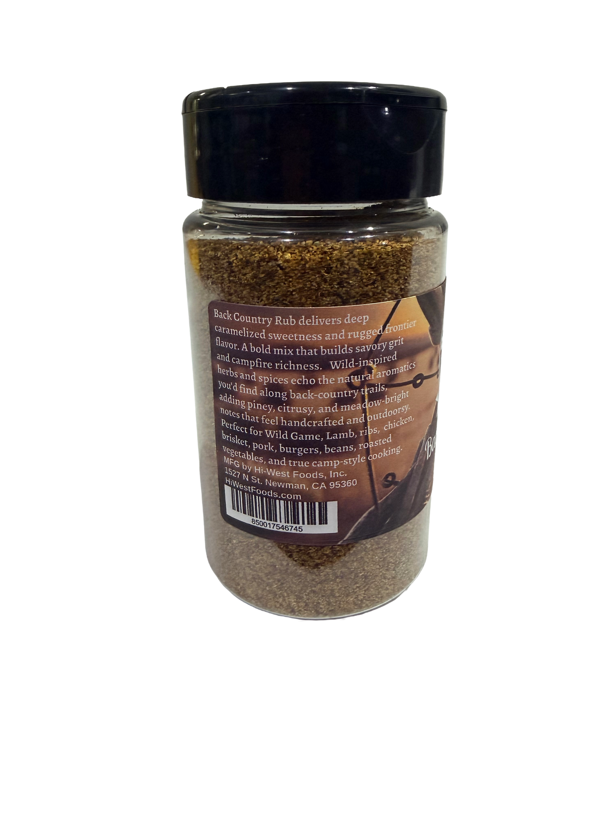 Hi-West Back Country Rub seasoning blend in a jar, featuring a textured spice mixture for grilling and barbecue.