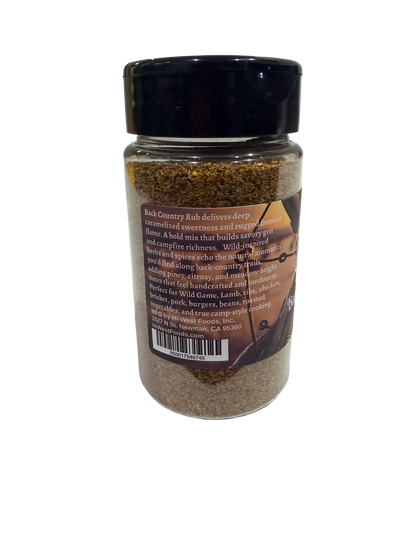 Hi-West Back Country Rub seasoning blend in a jar, featuring a textured spice mixture for grilling and barbecue.
