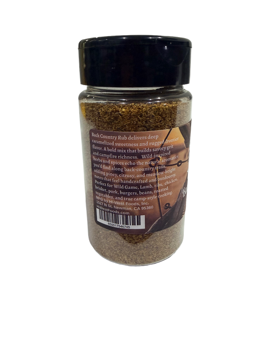 Hi-West Back Country Rub seasoning blend in a jar, featuring a textured spice mixture for grilling and barbecue.
