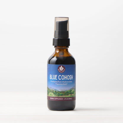 Blue Cohosh Root tincture bottle from WishGarden Herbs, featuring the product label and a blue background.