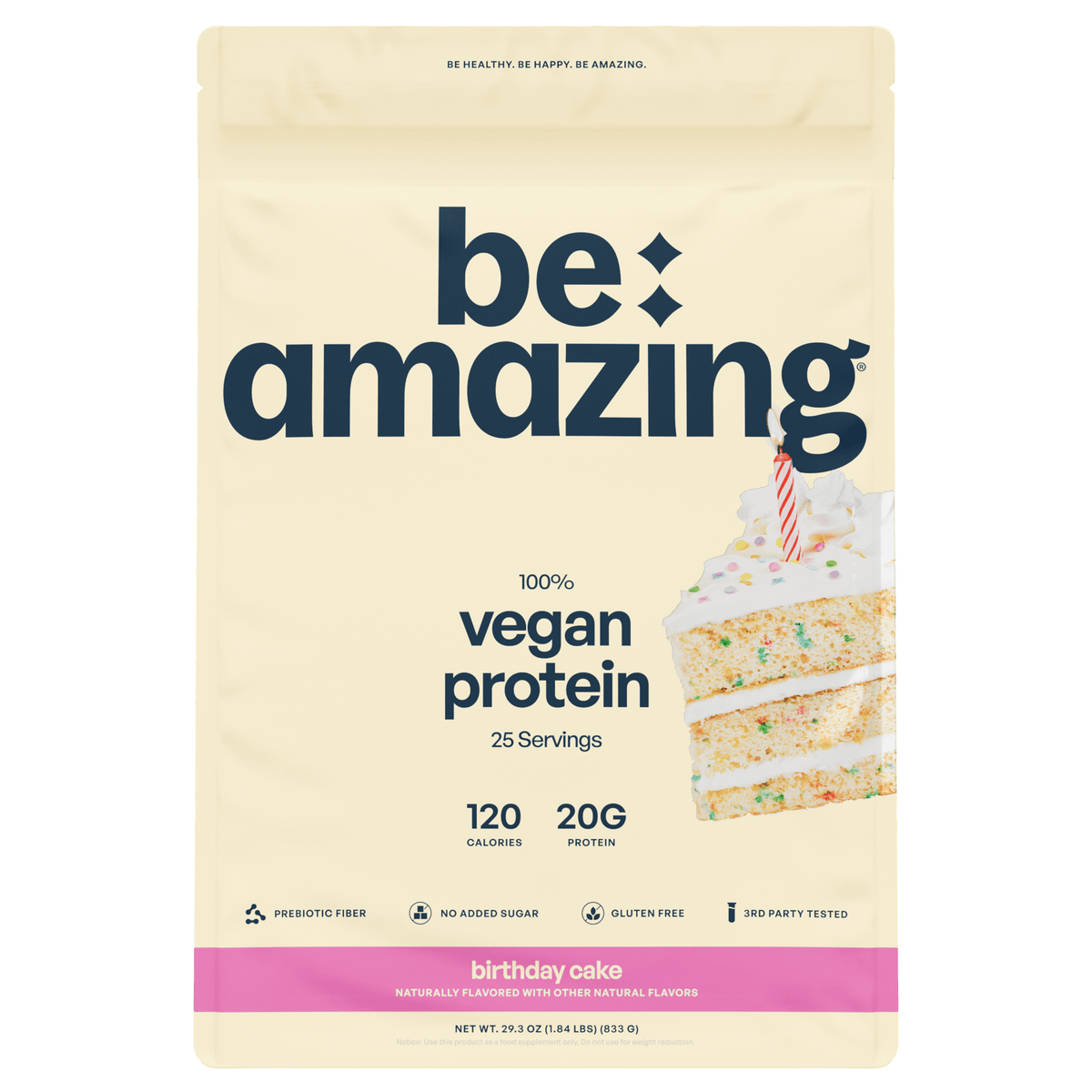 Be Amazing vegan protein powder in birthday cake flavor, showing the colorful tub with a scoop of protein powder.