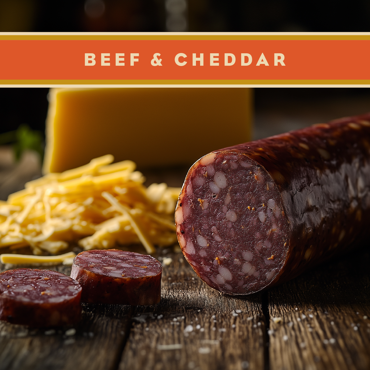 Artas'n Meats Original Cheddar Summer Sausage 12oz, showing a close-up of the beef sausage with cheddar cheese inside