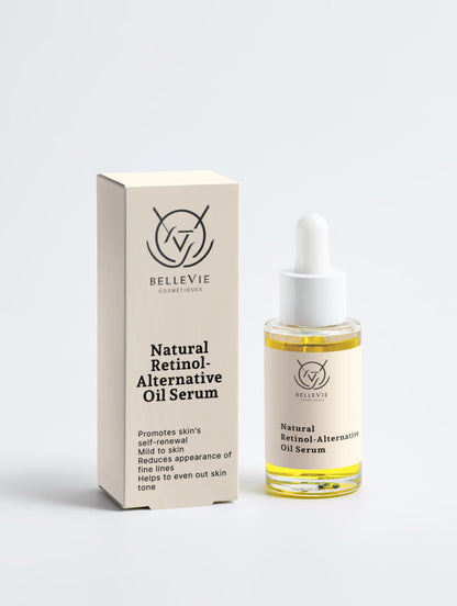 BelleVie Cosmétiques natural retinol alternative oil serum in a 30ml bottle, featuring a lightweight, glow-boosting anti-aging formula.