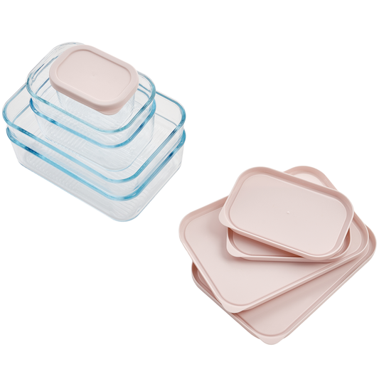 Dura Living Berry Blush 4-piece glass food storage containers with airtight lids, 57.5oz capacity each, on a white background.