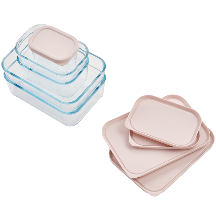 Set of six Dura Living glass food storage containers with airtight lids in berry blush, each holding 10.5oz.