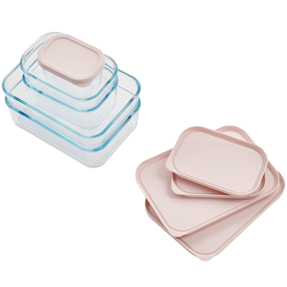 Set of six Dura Living glass food storage containers with airtight lids in berry blush, each holding 10.5oz.