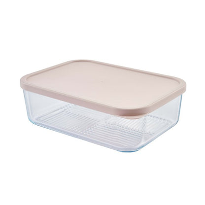 Set of four Dura Living glass food storage containers with airtight lids in berry blush, 57.5oz capacity each, for fresh food storage.